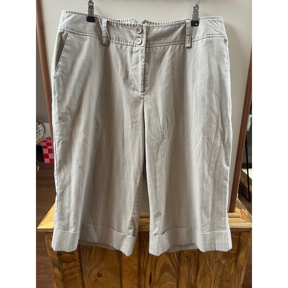 Vintage Bobby J Pinstripe Trouser Shorts Womens 12 Beige Cinch Back Cuffed